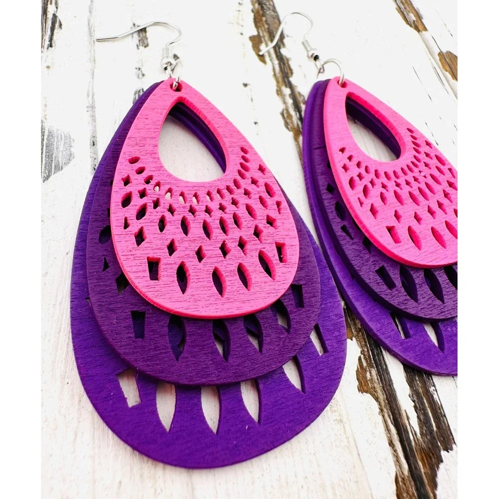 Neon Layered Teardrop Earrings Purple & Pink Laser Cut Wood